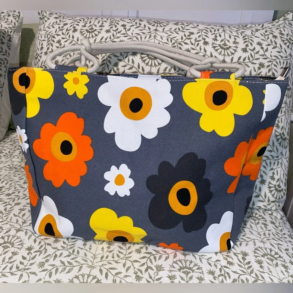 Summer Blooms Floral‎ Canvas Tote Bag - Gray, White, Orange, Yellow